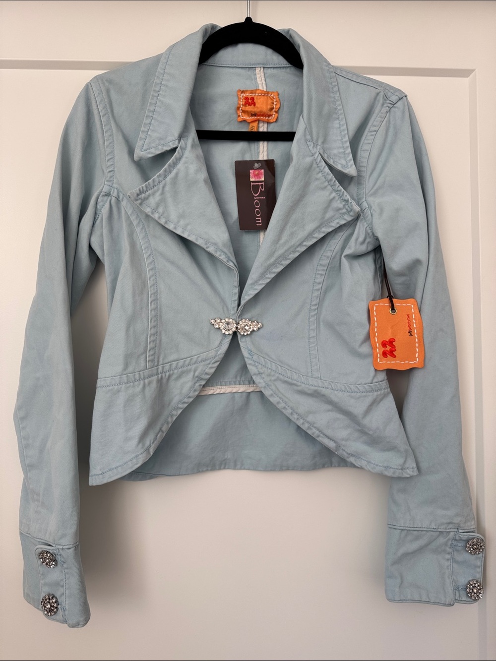 Deadstock Y2K Light Blue Cropped Jacket with Crystal Accents